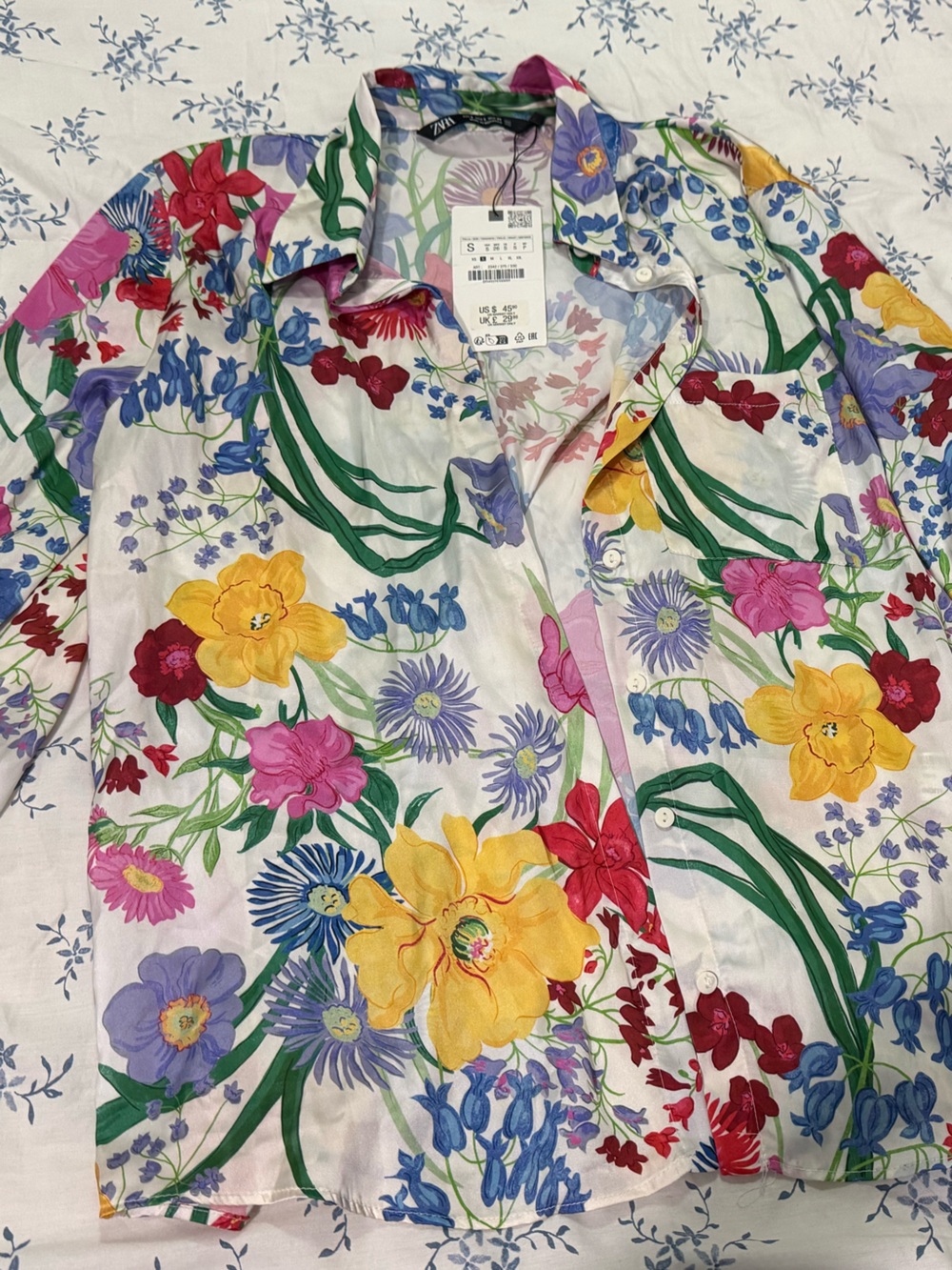 Zara White Floral Button-Up Blouse with Yellow, Pink & Blue Flowers